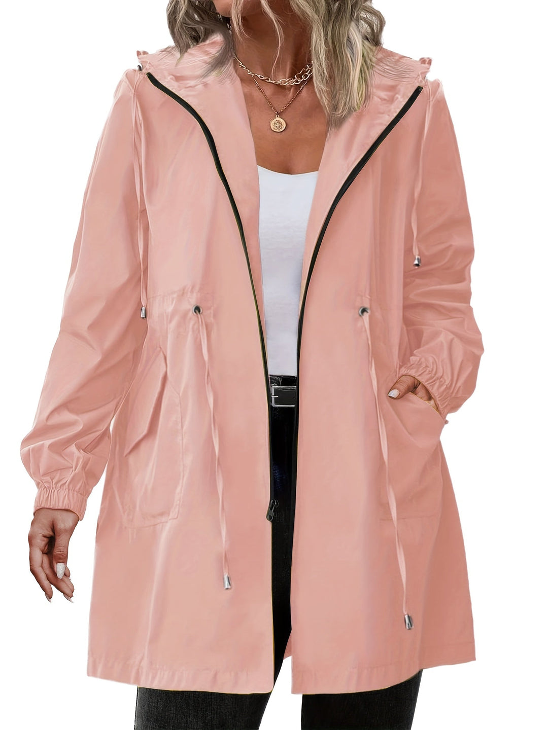 Giacca antipioggia da donna per taglie forti, con cappuccio in poliestere, leggera e casual per l’autunno