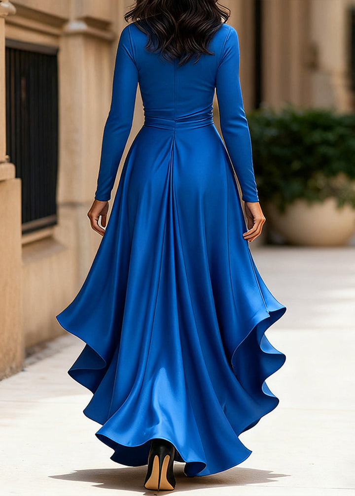 Robe portefeuille femme en satin pour l’automne à manches longues et ourlet asymétrique