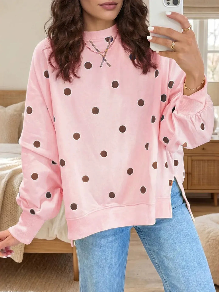 Sweat-shirt femme à pois en coton mélangé, sweat ample col rond et doux pour l’automne