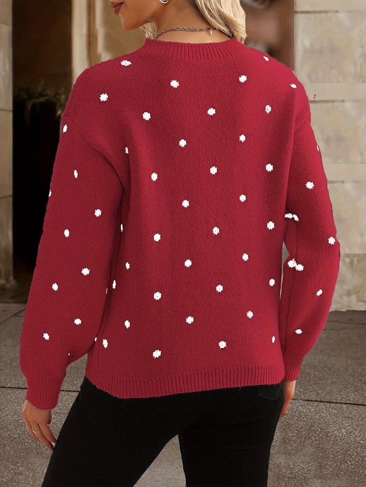 Pull en maille pour femme à pois col rond chaud automne-hiver doux