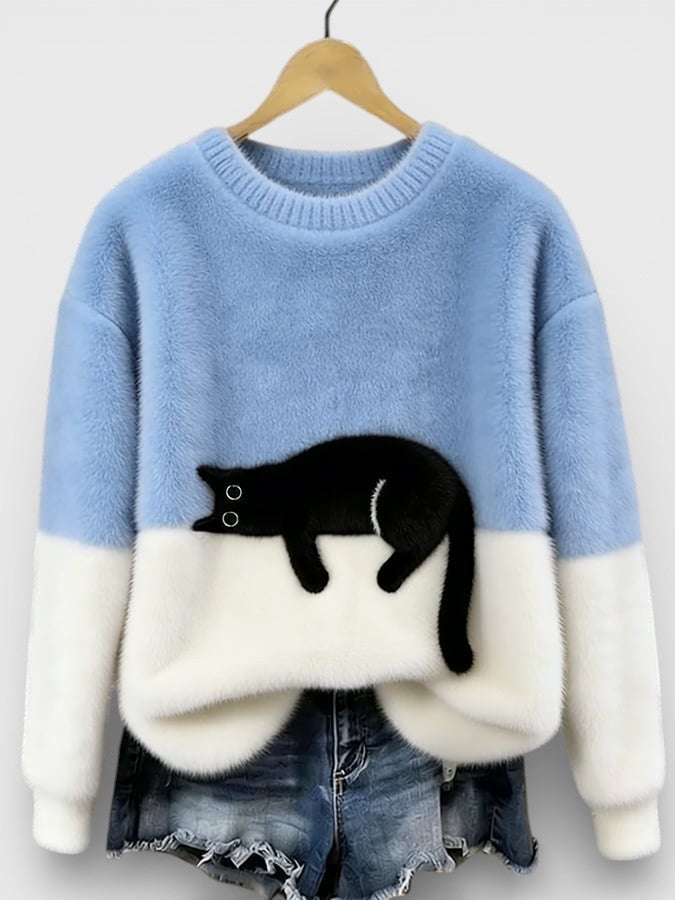 Pull femme en coton à motif chat pour l'automne, coupe décontractée pour le quotidien