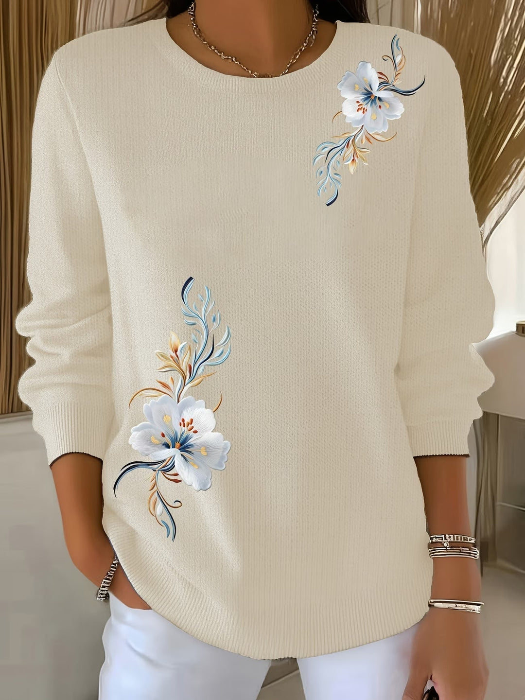 Pull femme col rond en maille fine à imprimé floral, pull décontracté et doux pour l’automne
