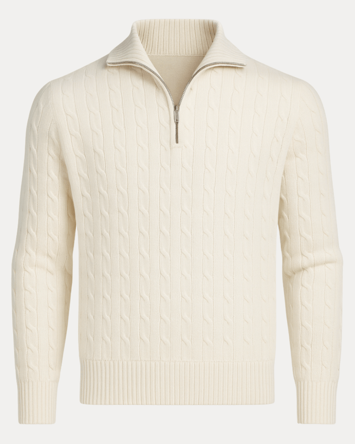 Pull homme en laine à torsades, col montant zippé, automne
