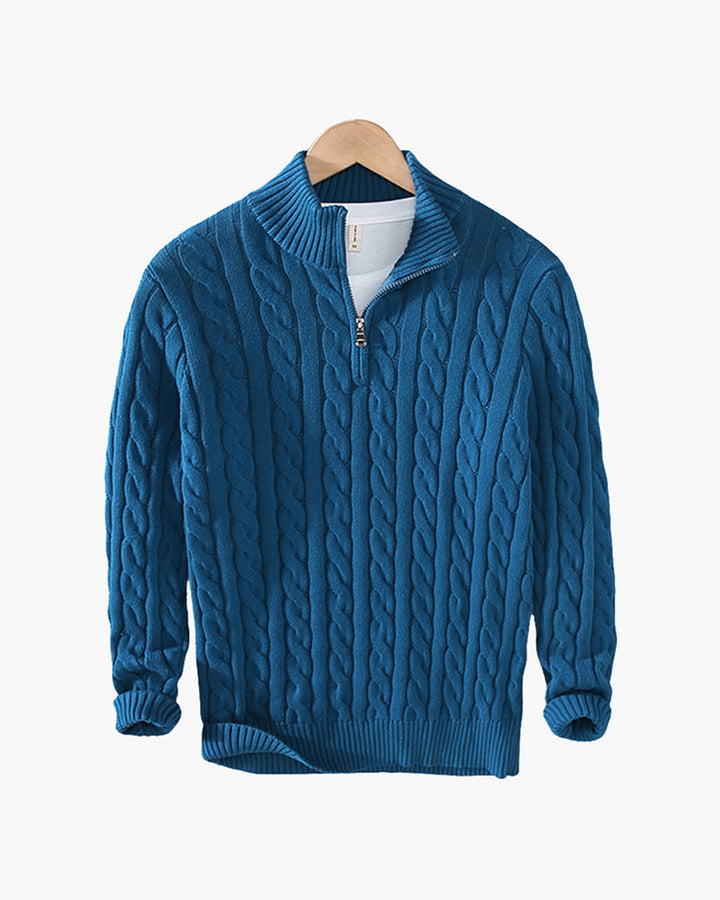 Men’s cotton cable-knit sweater with a stand-up collar and zipper, for autumn
