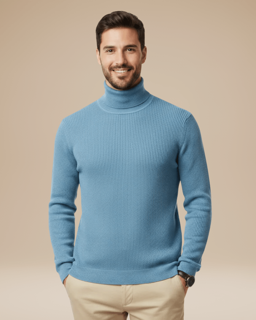 Pull à col roulé pour homme en coton, ajusté et côtelé, pour l’automne