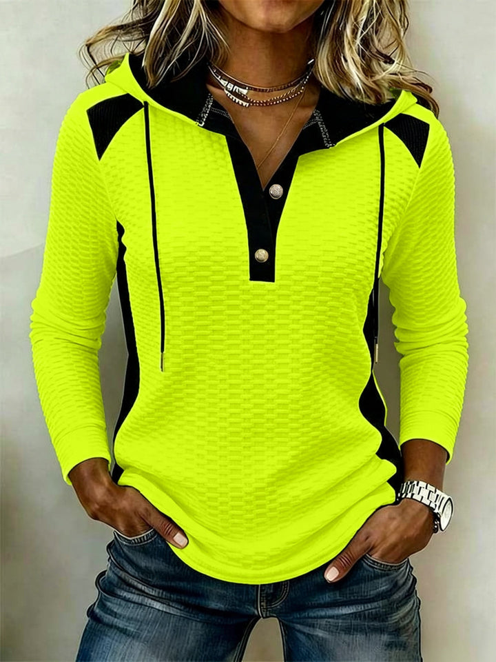 Sweat à capuche femme en maille gaufrée à col boutonné, haut décontracté pour l’automne