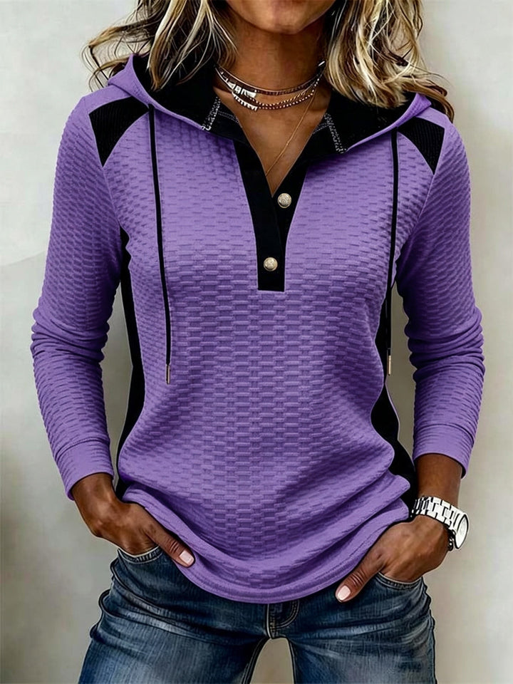 Sweat à capuche femme en maille gaufrée à col boutonné, haut décontracté pour l’automne