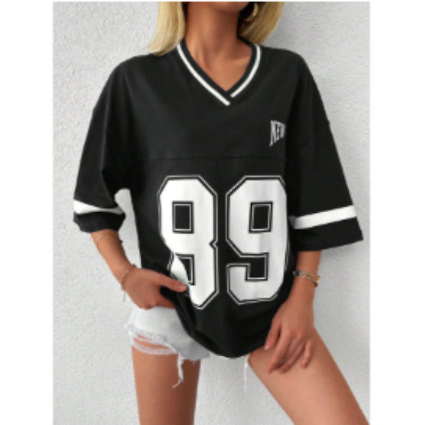 T-shirt en polyester pour femme style football américain col en V toutes saisons