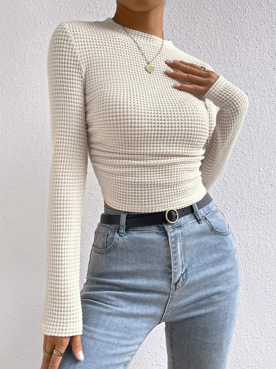 Monica elegante - Camicia casual a maniche lunghe e scollo rotondo per l'autunno per donne
