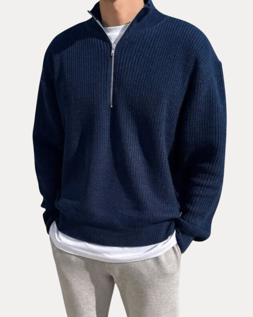 Pull en laine pour homme à col montant zippé, idéal pour l’automne