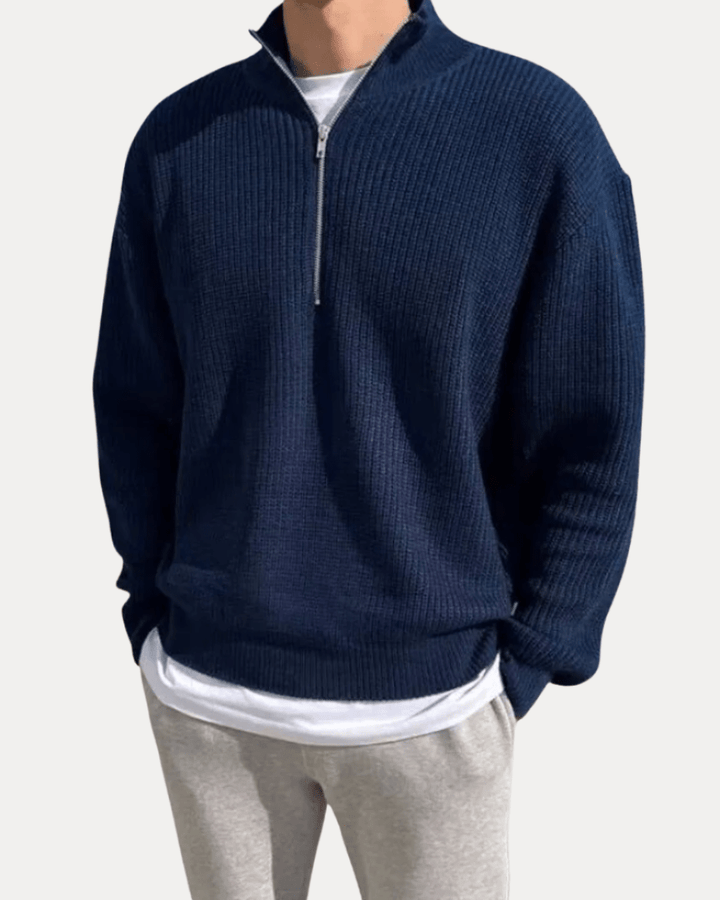 Pull en laine pour homme à col montant zippé, idéal pour l’automne