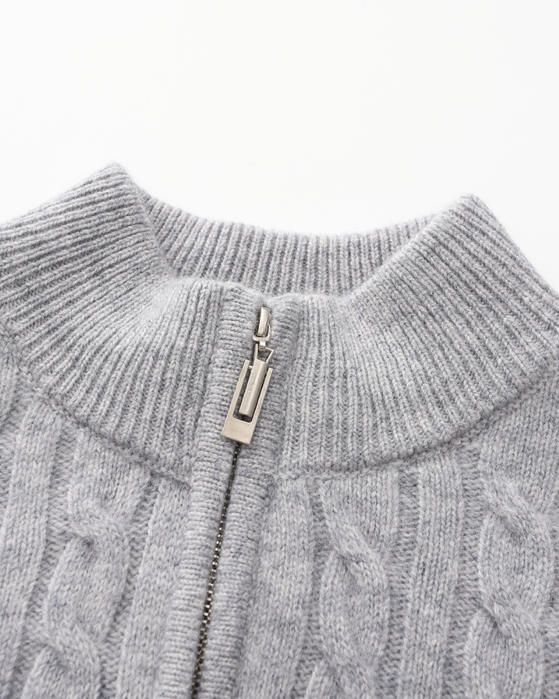 Pull homme en cachemire à col zippé, maille torsadée, pour l’automne