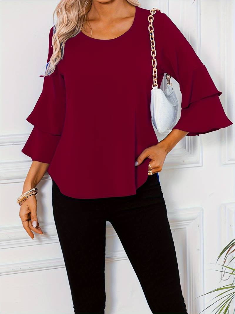 Emily - Chic Shirt with Round Neck and Elegant Wide Flared Sleeves