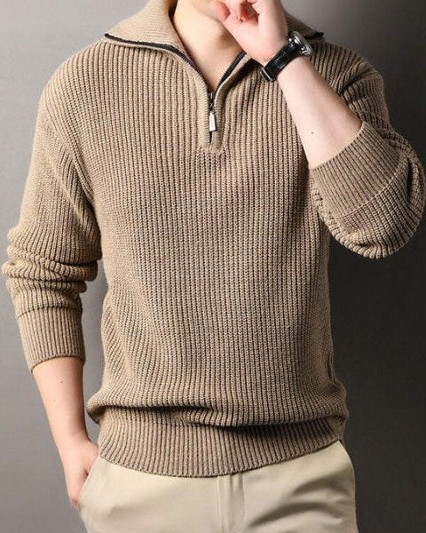 Pull en laine pour homme à col zippé, en maille texturée, idéal pour l’automne