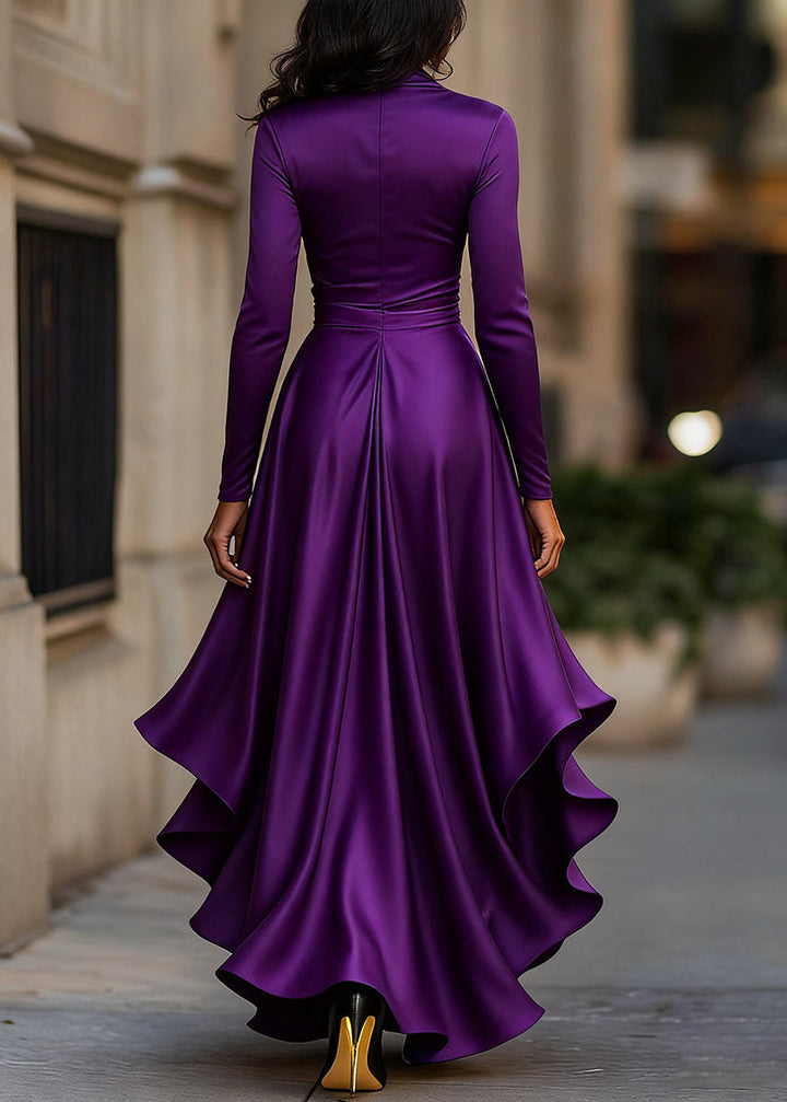 Robe portefeuille femme en satin pour l’automne à manches longues et ourlet asymétrique