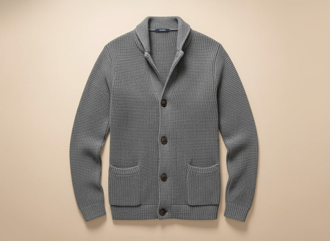 Men’s wool cardigan with a buttoned shawl collar for autumn