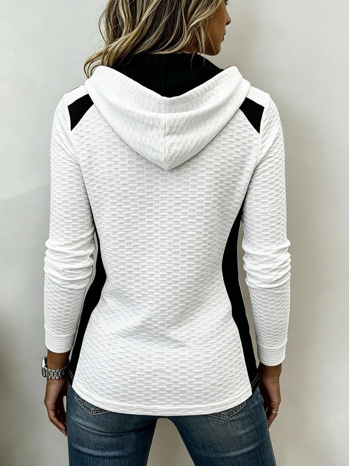 Sweat à capuche femme en maille gaufrée à col boutonné, haut décontracté pour l’automne