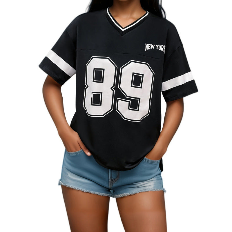 T-shirt en polyester pour femme style football américain col en V toutes saisons