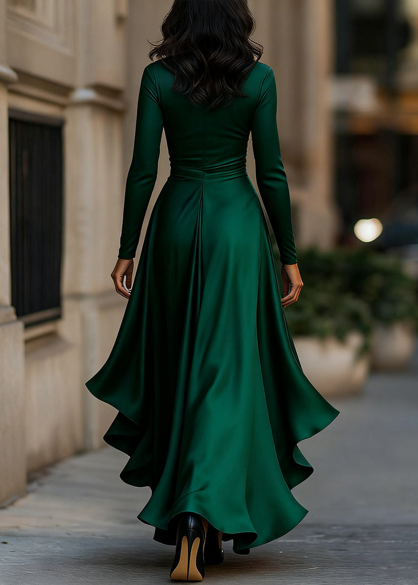 Robe portefeuille femme en satin pour l’automne à manches longues et ourlet asymétrique