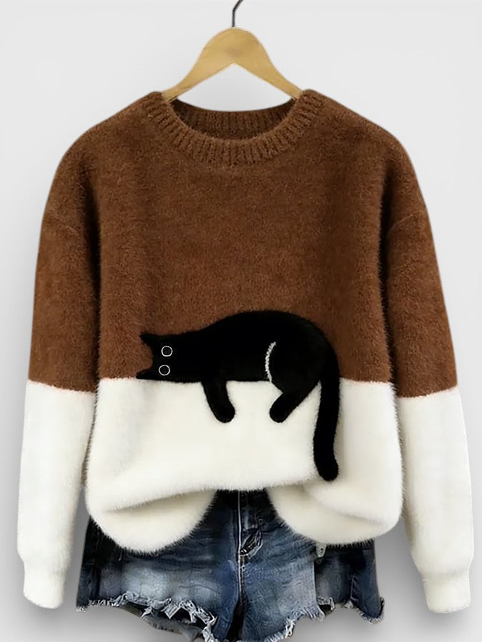 Pull femme en coton à motif chat pour l'automne, coupe décontractée pour le quotidien