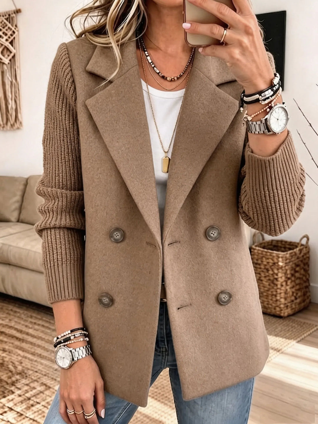 Veste blazer femme croisée en coton mélangé à manches en maille côtelée pour l’automne
