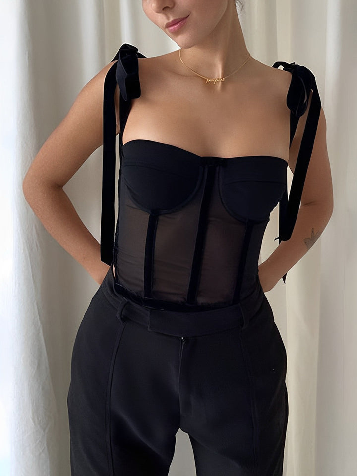 Yana - Elegancki top gorsetowy z czarnej siateczki dla kobiet