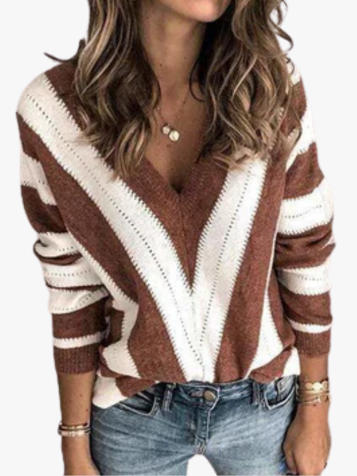 Pull femme rayé à col en V en maille pour l'automne et le printemps