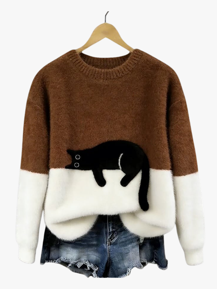 Pull femme en coton à motif chat pour l'automne, coupe décontractée pour le quotidien