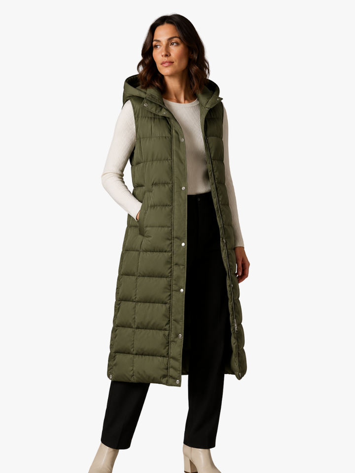 Gilet long pour femme à capuche pour l'automne, veste chaude sans manches