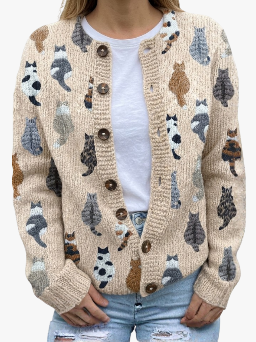 Cardigan femme en tricot à motif chat pour l'automne, idéal pour des tenues quotidiennes