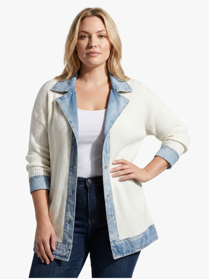 Veste en jean pour femme avec une finition en tricot pour l'automne, style décontracté