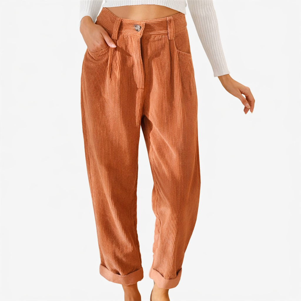 Pantalon en velours côtelé pour femme à taille haute avec coupe confortable pour l'hiver