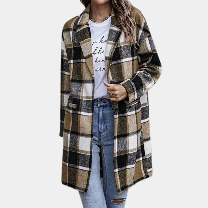 Długi elegancki płaszcz w kratę damski na ponadczasowy look