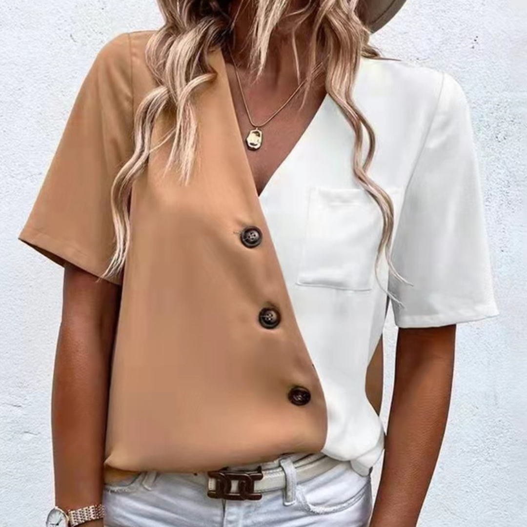 Lara - Elegancka bluzka damska z wyrafinowanym dekoltem w serek, modnymi detalami z guzikami i dwukolorowym stylem