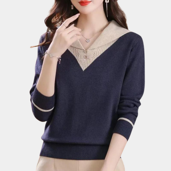 Ciri - Pulover elegant cu guler în V pentru femei, cu accente unice de patchwork