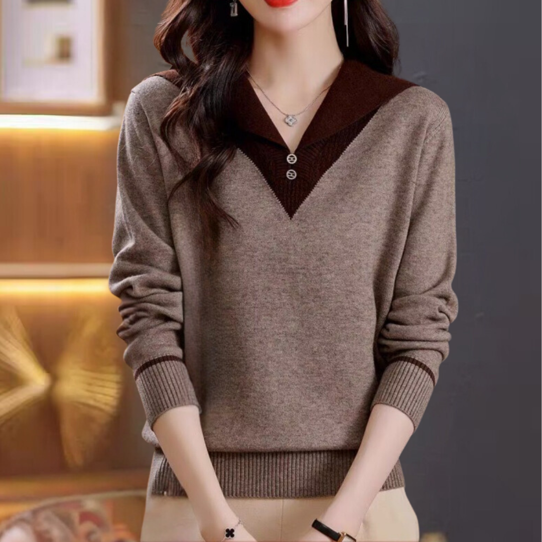 Ciri - Pulover elegant cu guler în V pentru femei, cu accente unice de patchwork