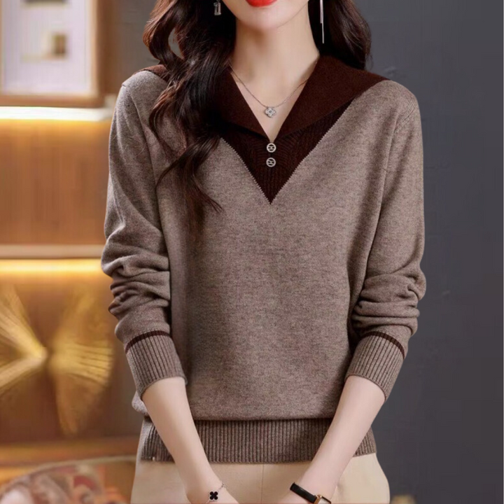 Ciri - Pulover elegant cu guler în V pentru femei, cu accente unice de patchwork