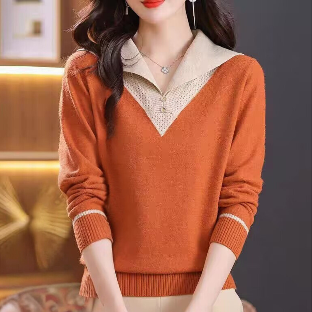 Ciri - Pulover elegant cu guler în V pentru femei, cu accente unice de patchwork