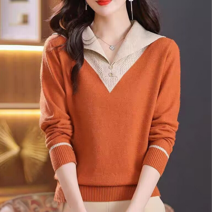 Ciri - Pulover elegant cu guler în V pentru femei, cu accente unice de patchwork