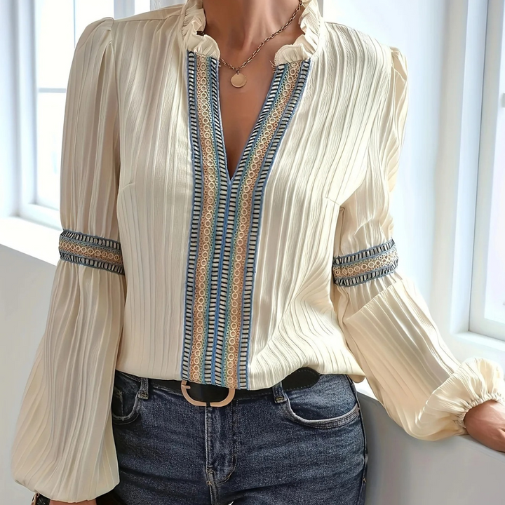 Teodora - Elegant V-neck blouse for women with stylish ruffles