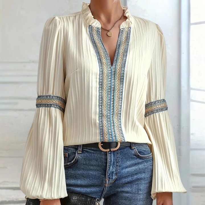 Teodora - Elegant V-neck blouse for women with stylish ruffles