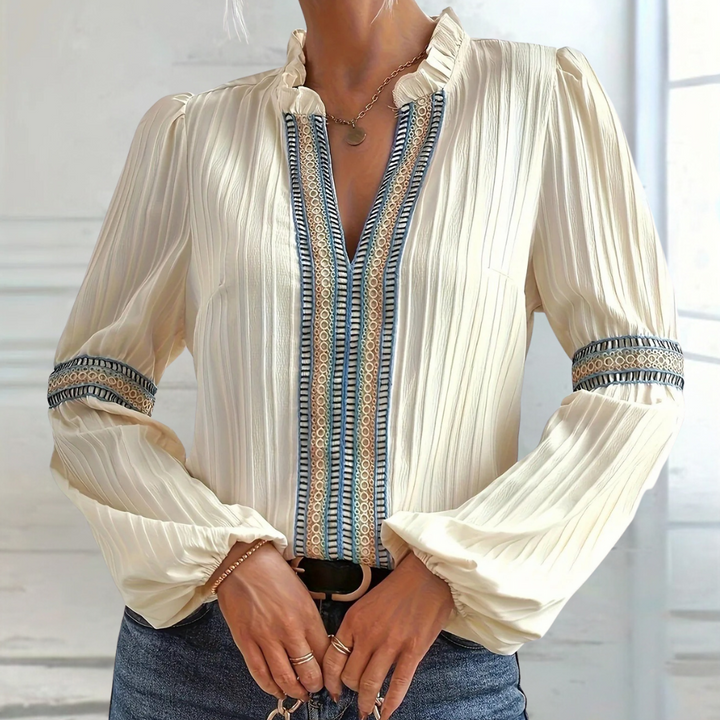 Teodora - Elegant V-neck blouse for women with stylish ruffles