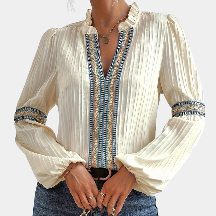 Teodora - Elegant V-neck blouse for women with stylish ruffles