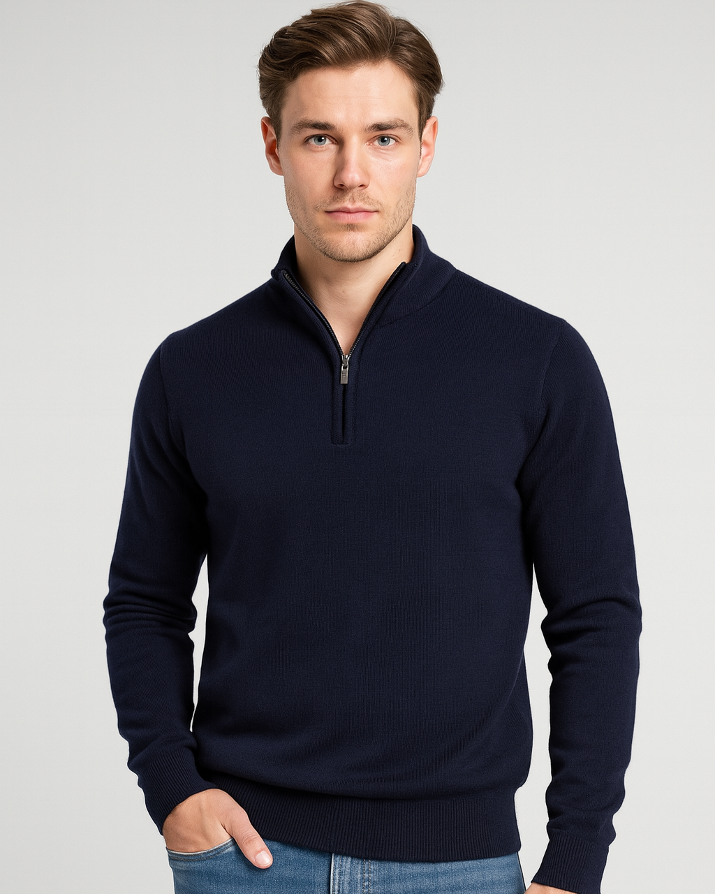 Pull homme en coton à demi-zip, col montant côtelé, modèle automnal