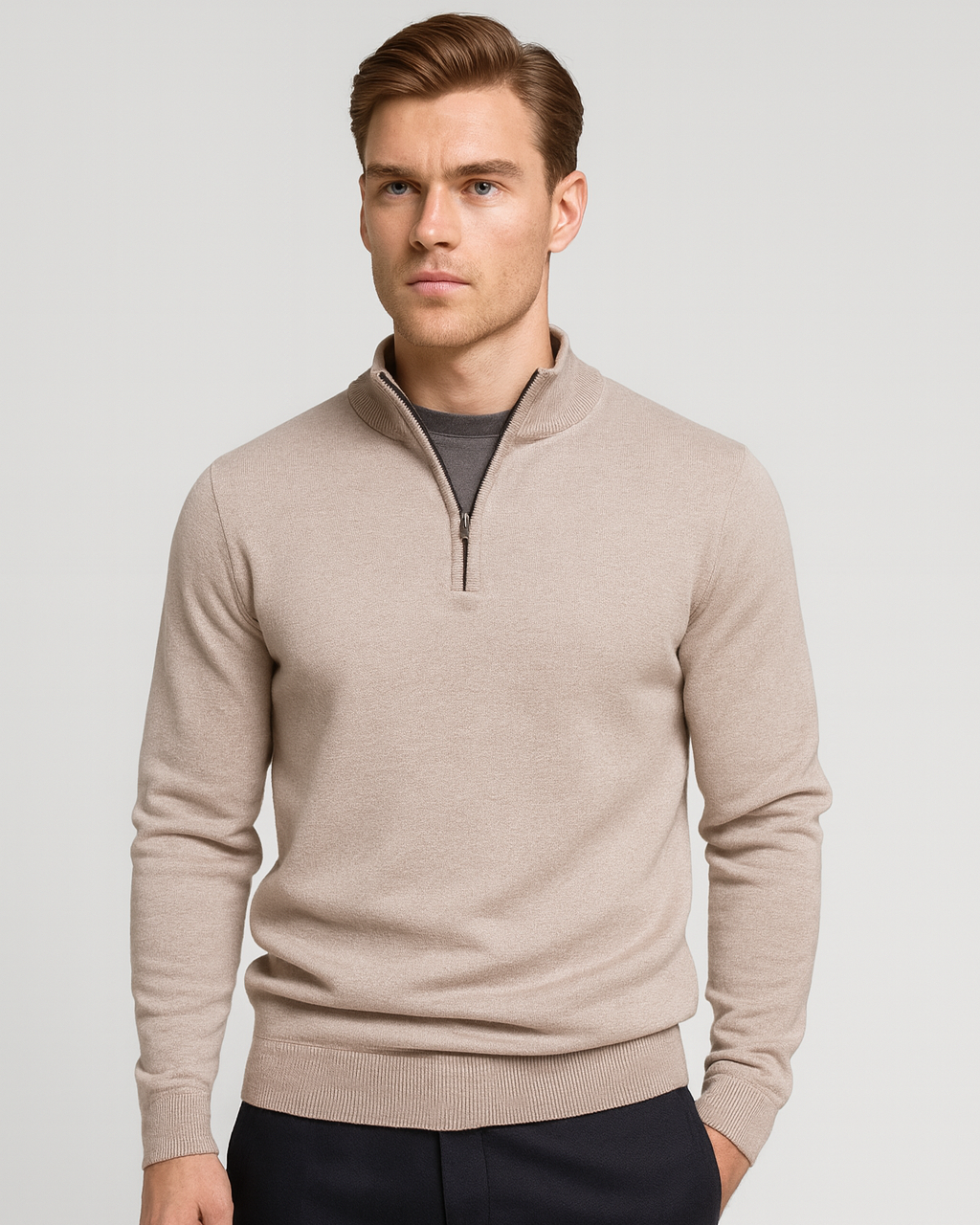 Pull homme en coton à demi-zip, col montant côtelé, modèle automnal
