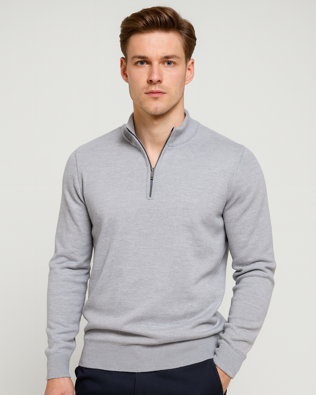 Pull homme en coton à demi-zip, col montant côtelé, modèle automnal