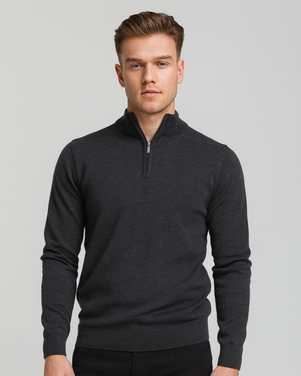Pull homme en coton à demi-zip, col montant côtelé, modèle automnal