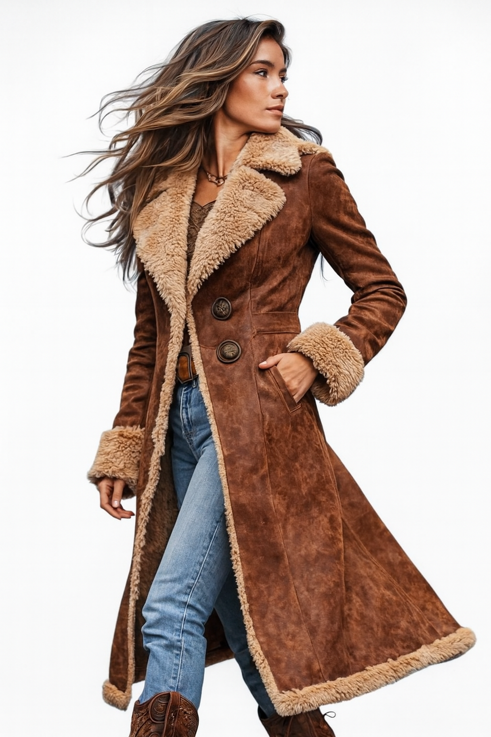Manteau long femme effet daim doublé fausse fourrure, manteau d’hiver chaud style vintage