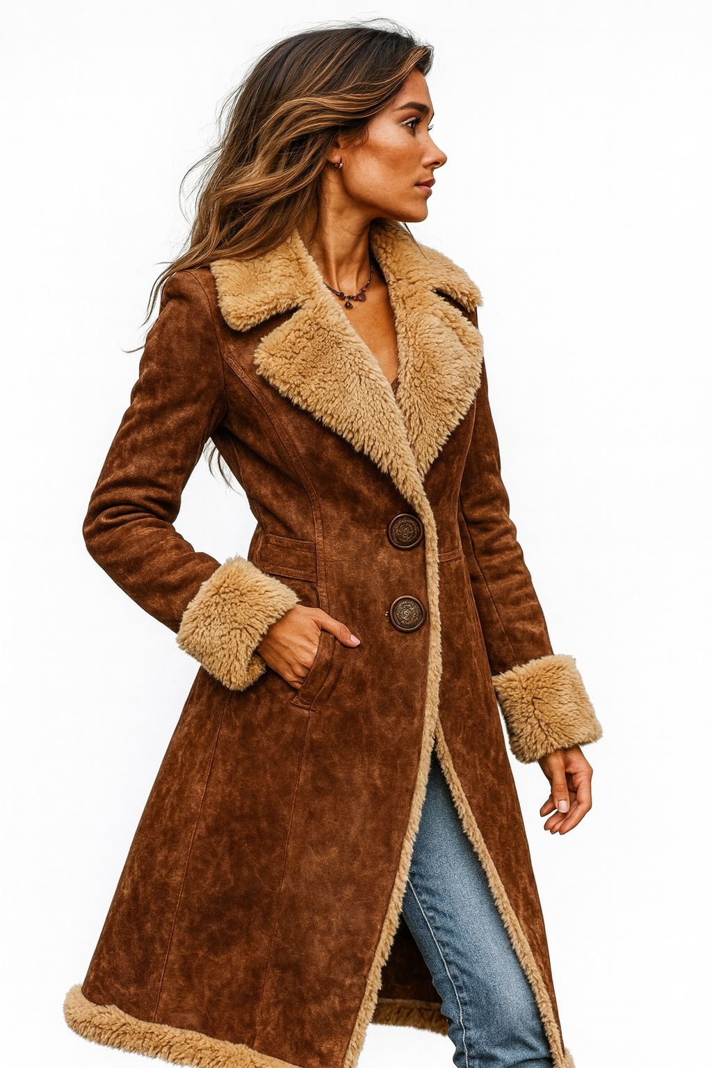 Manteau long femme effet daim doublé fausse fourrure, manteau d’hiver chaud style vintage