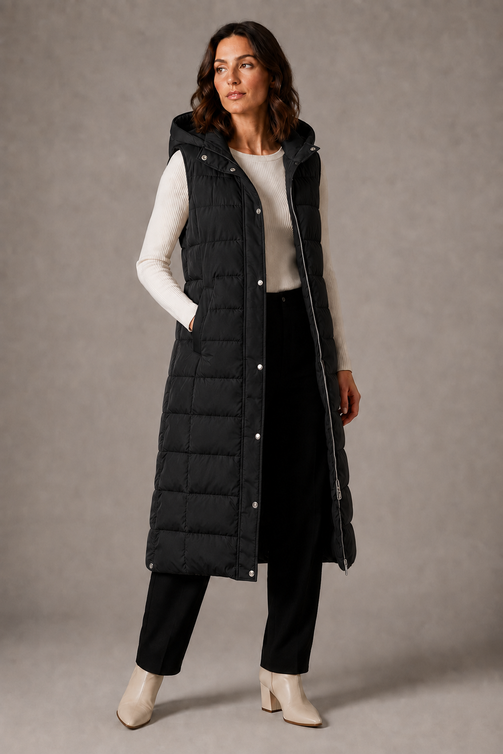 Gilet long pour femme à capuche pour l'automne, veste chaude sans manches